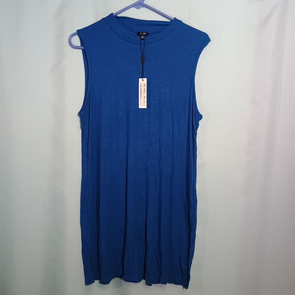 Women’s Royal Blue Sleeveless Knit Dress – Mock Neck Shift Dress